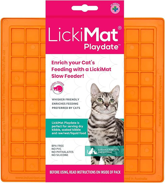 LickiMat Classic Playdate, Cat Slow Feeder Lick Mat, Boredom Anxiety Reducer; Perfect for Food, Treats, Yogurt, or Peanut Butter. Fun Alternative to a Slow Feed Cat Bowl or Dish, Orange
