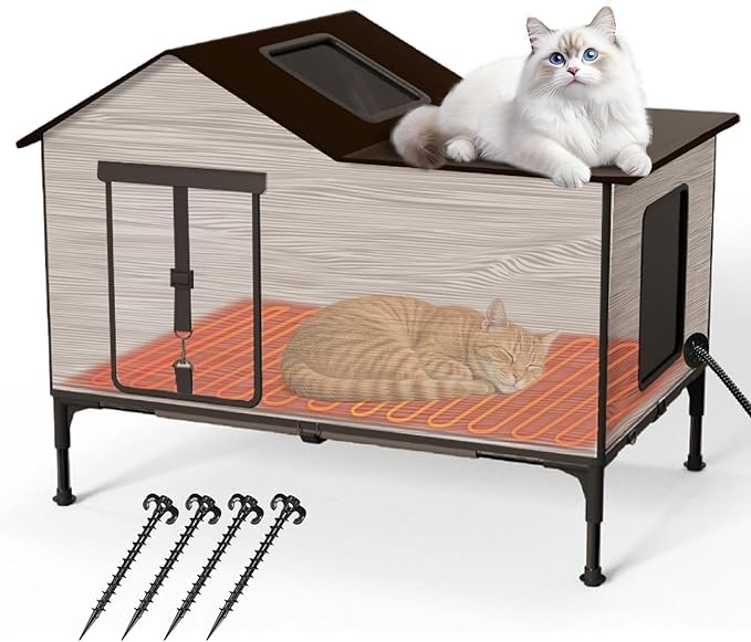 Heated Cat House for Outside in Winter, Weatherproof & Insulated Large Cat Shelter with Heated Cat Bed and 2 Safe Escape Doors for Multiple Stray/Feral Cats(Wood-Grain, 27.6"x19.3"x21.3")