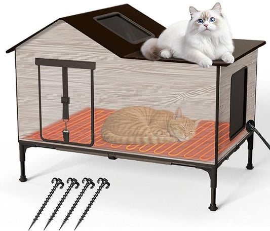 Heated Cat House for Outside in Winter, Weatherproof & Insulated Large Cat Shelter with Heated Cat Bed and 2 Safe Escape Doors for Multiple Stray/Feral Cats(Wood-Grain, 27.6"x19.3"x21.3")
