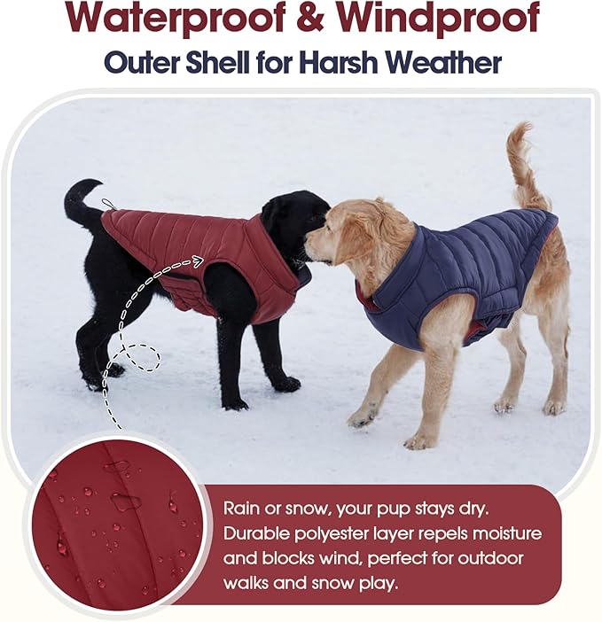 QBLEEV Reversible Dog Coat, Winter Warm Snowproof Dog Puffer Vest for Large Dogs Cold Weather, Windproof Lightweight Padded Jacket Snowsuit, Adjustable Outdoor Clothes for Great Dane, Wine Red, XXXL