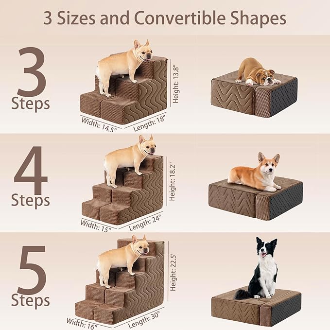 Dog Stairs for Bed, Dog Steps for Bed, Pet Steps for Small Dogs and Cats, Non-Slip Balanced Pet Ramp Indoor (Brown, 13.8" H x 14.5" W x 18" L, 3)