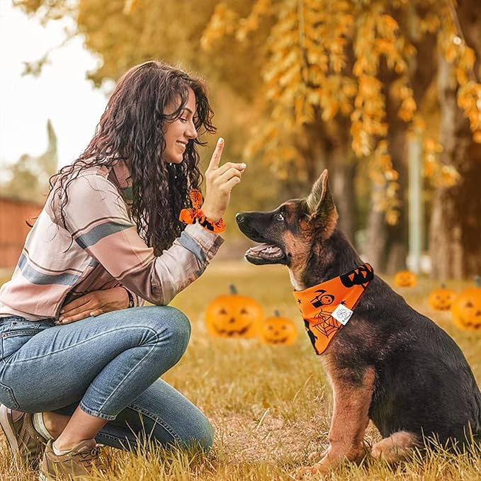 E-Clover Halloween Dog Bandanas & Matching Scrunchie Set Pumpkin Dog Bandana Triangle Pet Bibs Scarf Outfit for Small Medium Large Dogs Owner Orange Fall