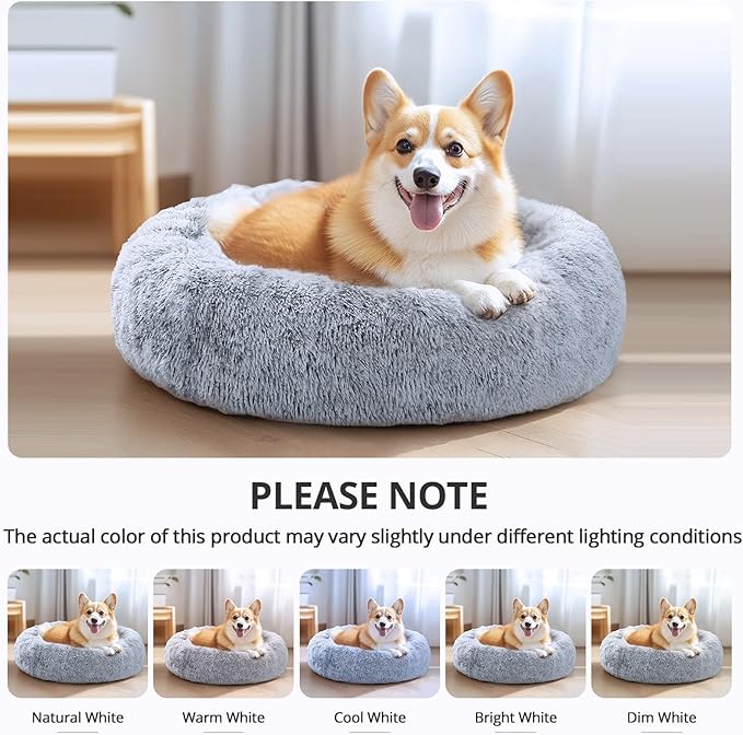 JOLLYVOGUE Small Dog & Cat Beds for Indoor Cats, Donut Cuddler Warming Soft Dog Beds with Anti-Slip Bottom, Round Calming Fluffy Plush Faux Fur Cushion Bed for Small Medium Dogs (20", Smoke Grey)