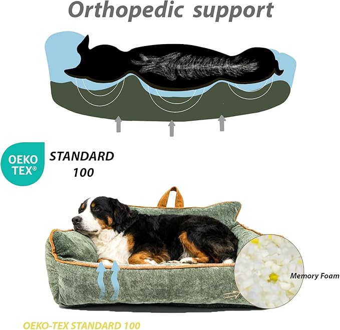 Small Orthopedic Dog Sofa Bed with Sides, Carry Handle & Side Pockets .Plush Chenille Orthopedic Pet Bed Couch for Small Breed Dogs & Cats .Portable Snuggler for Indoor Use, Travel & Recovery