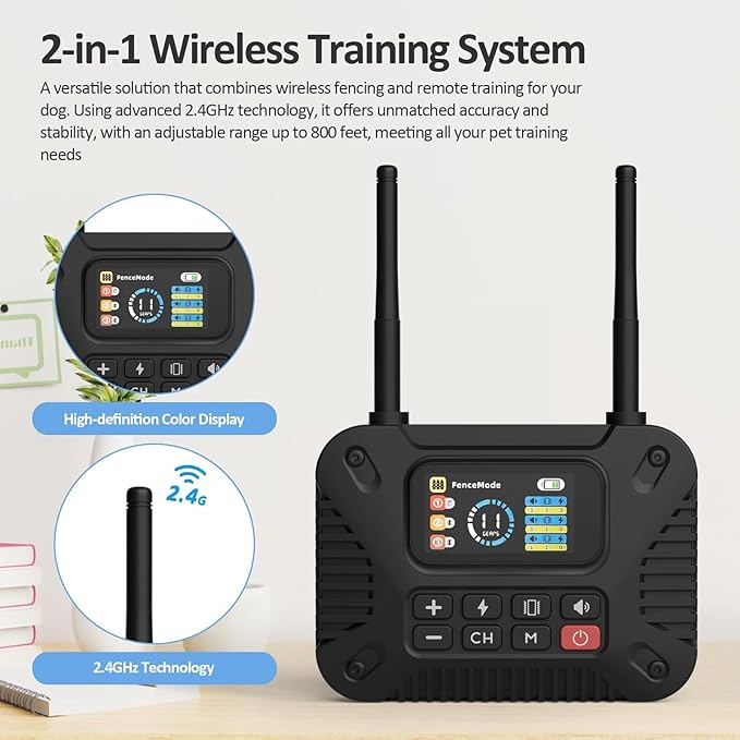 Wireless Dog Fence System with LCD Remote - Adjustable Training Collar & Portable Containment for 10-120lb Dogs, No Wire Needed, 1-Mile Boundary, Waterproof