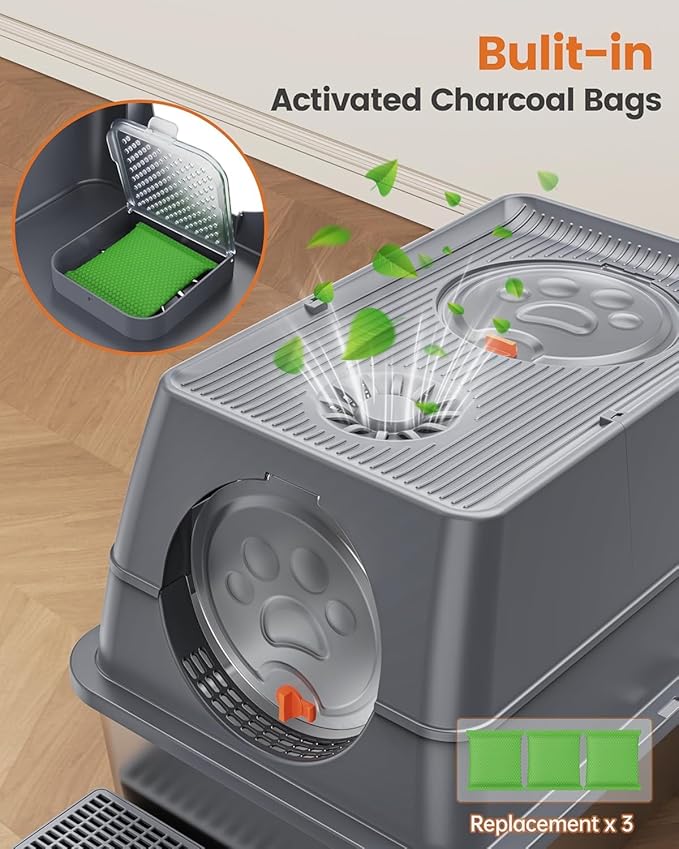 Stainless Steel Litter Box with Lid Large Enclosed High Sided Covered Metal Steel Cat Litter Box with Steps Scoop, Easy Cleaning, Odor Control, Front Entry Top Exit