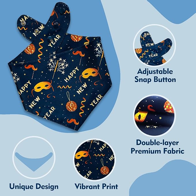 Happy New Year Dog Bandanas with Snap Button, 2 Pack Adjustable Bandanas for Small, Medium, and Large Dogs, Pet Scarf for Holiday Costume Accessory & Photo Shoot (Small)