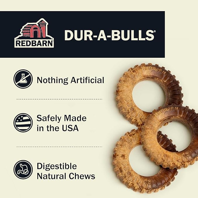 Redbarn Natural Dur-A-Bulls Treats for Dogs - 3 Large Tires - Hickory Flavor - Made in USA Long Lasting 100% Digestible No Artificial Ingredients or Plastic