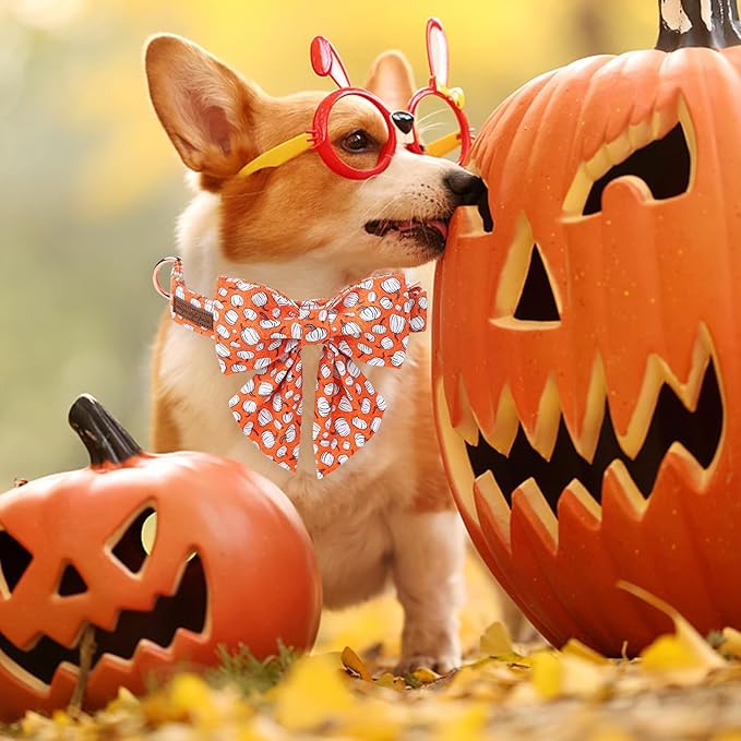 Unique Style Paws Halloween Day Dog Collar with Bowtie Line Pumpkin Cotton Dog Collars for Small Medium Large Dogs