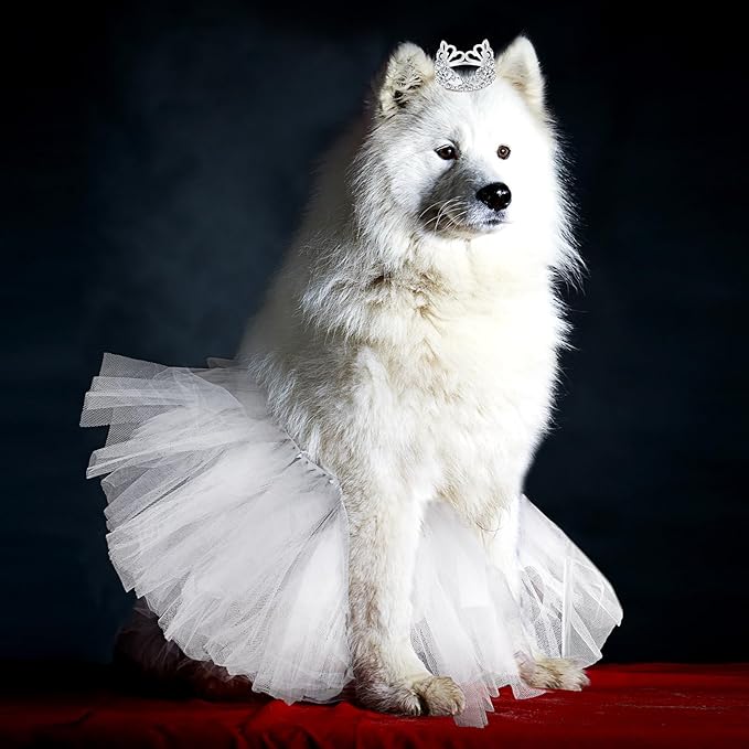 2 Pcs Dog Crown Headband Dog Tutu Dress Set Crystal Rhinestone Tiara Crown Tutu Skirt Pet Dress Costume for Puppy Birthday Party Wedding Photo Prop Costume(Large,White)