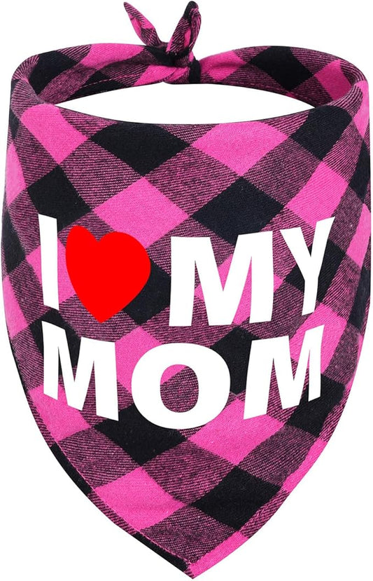 GreenJoy Cute Plaid Dog Bandana – Washable Pet Triangle Scarf for Small, Medium, Large Dogs and Cats, Adjustable Pet Accessory for Birthday, Wedding and Christmas (Pink (I Love My Mom), Medium)
