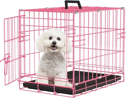 FDW Dog Crate for Small Dogs 18 Inch Folding Metal Wire Pet Cage Single Door W/Divider Panel Indoor Outdoor Kennel Leak-Proof Plastic Tray,Pink
