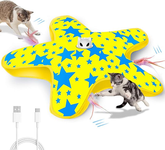 Rechargeable Interactive Cat Toys, Automatic Cat Toy for Indoor Cats, Durable Hide and Seek Cat Toy with Moving Concealed Feathers, Touch Activated Kitten Toys Cat Exercise Toys, Yellow Blue Cover