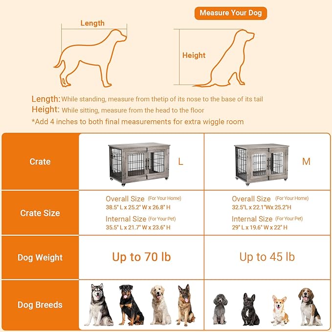 Lulive Large Dog Crate Furniture, 38'' Wooden Dog Crate End Table, Double Door Dog Kennel Indoor with Cushion & Wheels, Decorative Dog Cage House Chew-Resistant for Large/Medium, Grey