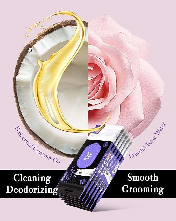 HICC PET Cleaning Deodorizing Wipes for Dogs & Cats, Vet Recommended Nourishes Smoothes Fur Pet Grooming Wipes with Fermented Coconut Oil, Hypoallergenic Plant-Based Dog Wipes for Paws and Butt