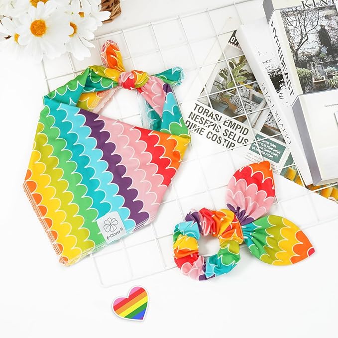 E-Clover Rainbow Dog Bandanas & Matching Scrunchie Set Girl Cute Pride Dog Scarf Bibs Pet Bandana with Bow Tie for Medium Large Dogs Owner Mom Summer