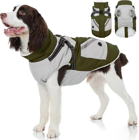 FUAMEY Dog Winter Jackets for Large Dogs,Dog Coat with Harness Built in,Waterproof Dogs Snowsuits Warm Pet Jacket Zip Up Fleece Cold Weather Coats Reflective Puppy Vest with Pocket Green L