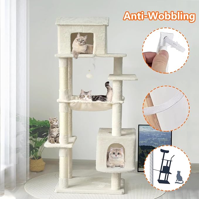 64 Inches Multi-Level Large Cat Tree Tower with Cat House for Indoor Cats/Cozy Perches/Cat Condo/Sisal Scratching Posts/Hammock/Cat Activity Center Play House/Wide Base