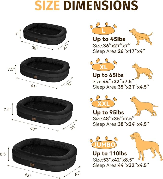 Orthopedic Washable Large Dog Bed: Memory Foam Waterproof Pet Bed with Bolsters - Removable Orthopedic Cover for Medium Large Sized Dog Bed - Non-Slip Bottom - Black
