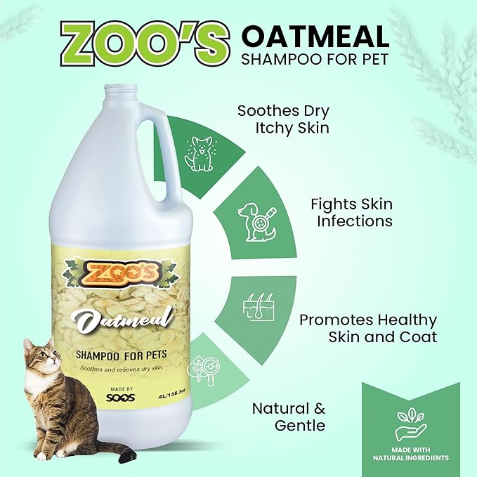Zoo’s Pet Oatmeal Dog Shampoo for Cats and Pets Fast Absorbing Moisturize Skin Provides Relief to Dry Itchy Skin While Softening Your Pet’s Coat - 1x Dog and Cat Shampoo (4L / 1.32 gal)