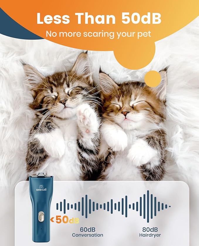 oneisall Quiet Pet Clippers, Cat Clippers for Matted Hair, Cordless Cat Hair Trimmer for Paw, Waterproof Pet Trimmers for Cats, Pet Shaver for Dogs and Cats