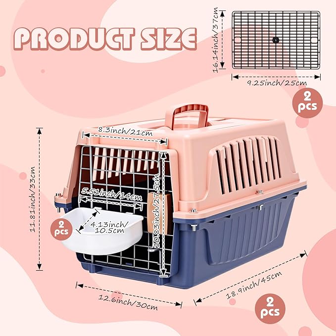 2 Set 18.9" Pet Carrier for Small Cats and Dogs, Hard Sided Plastic Cat Kennel for Pet with Front Door Security Lock Fully Breathable Travel Crate, up to 13 Lbs(Blue,18.9 x 12.6 x 11.8 Inch)