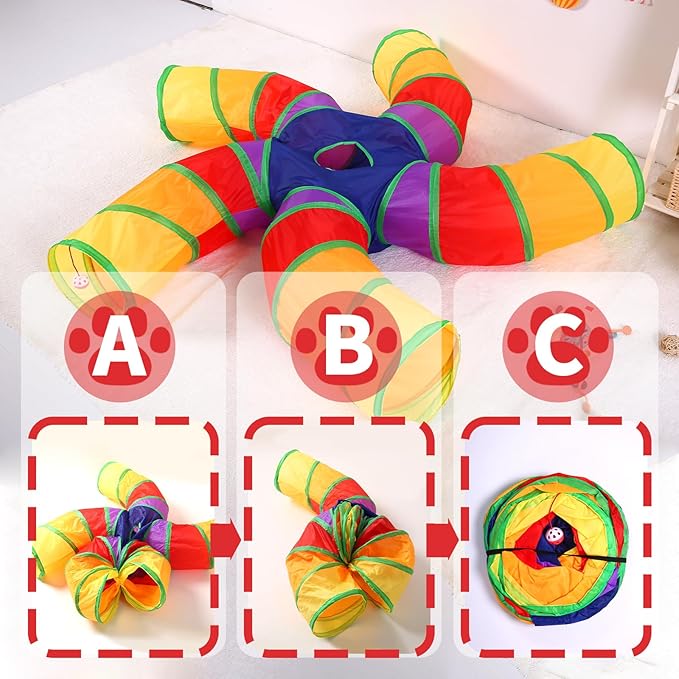 ‌Coolcandy Cat Tunnel & Interactive Cat Toy Indoor, Curved 5 Way Tunnel Toys for Indoor Cats, Collapsible Interactive Peekaboo Cave with Play Ball, for Multi-Way Play & Small Animals