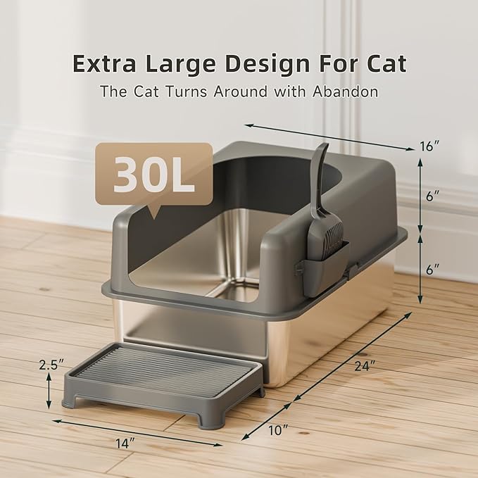 High-Sided Stainless Steel Cat Litter Box,Stainless Steel Litter Box with Lid,Extra Large Litter Box,Easy-to-Clean Metal Litter Pan for Cats (24‘’L X 16''W X 6''H with Scoop&mat), Sliver