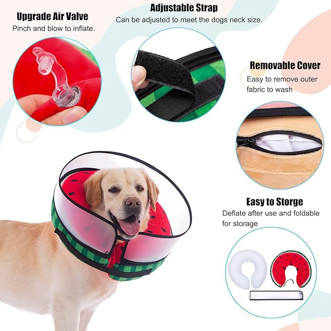 Inflatable Dog Cone Collar with Enhanced Anti-Licking, Soft Neck Donut for Dogs Cats, Recovery Pet Cone Collar After Surgery for Large Medium Small Dogs… (Watermelon, Medium+)