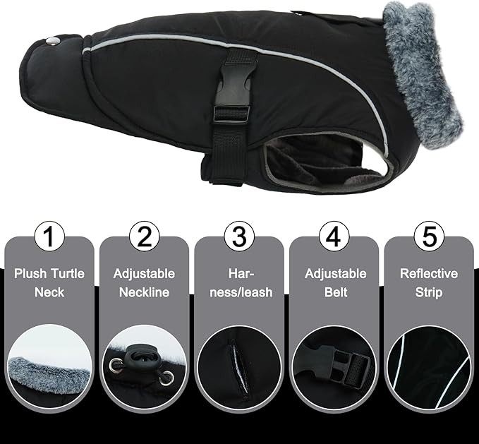DENTRUN Large Dog Winter Coat - Windproof Reflective Warm Coat, Adjustable Neck & Snap Closure, Water Repellent Thick Fleece Vest, Fleece Lined for for Golden Retriever, Black, XL