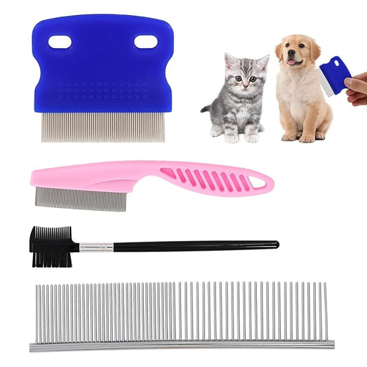 4 PCS Pet Flea Combs for Dogs & Cats, Cat Grooming Brush with Stainless Steel Teeth, Pet Flea Comb for Fleas and Ticks, Indoor Pets, Fine Tooth Comb for Kittens