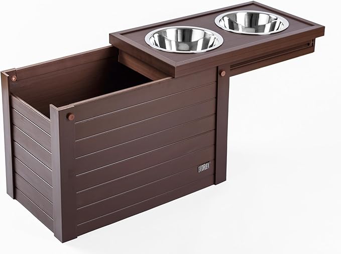New Age Pet ECOFLEX Piedmont Elevated Dog Feeder, Sliding Lid Storage, Includes two 32oz Stainless Steel Bowls Easy Clean, 10 Year Warranty, Brown