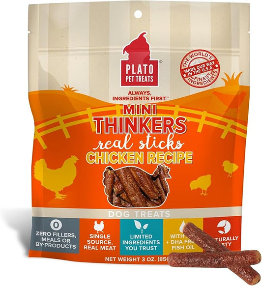 PLATO Mini Thinkers Sticks - Natural Dog Treats - Real Meat - Air Dried - Made in the USA, Chicken Flavor, 3 ounces