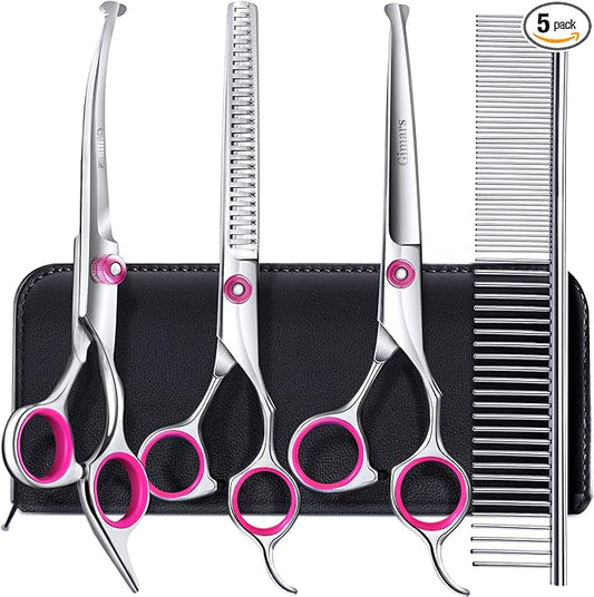 Gimars Dog Grooming Scissors Kit Professional 4CR with Safety Round Tip, 5 in 1 Heavy Duty Titanium Coated Thinning & Curved & Straight Shears