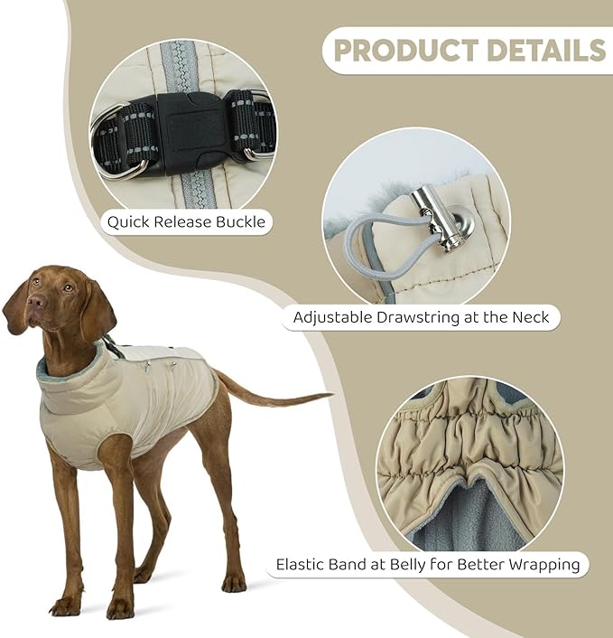 IDOMIK Warm Dog Coat with Harness, Waterproof Reflective Dog Jackets for Small Medium Large Dogs, Fleece High Collar Winter Jacket with Zipper, Pet Winter Snowsuit Clothes for Cold Weather,Khaki L