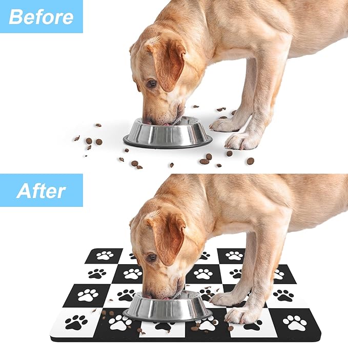 Rnivvi Dog Food Mat, 12" x 19" Footprint Absorbent Dog Cat Bowl Mat for Food and Water, Cute Anti-Slip Rubber Pet Feeding Rug Protect Floors, Puppy Placemat for Feeding & Watering Supplies,Black White