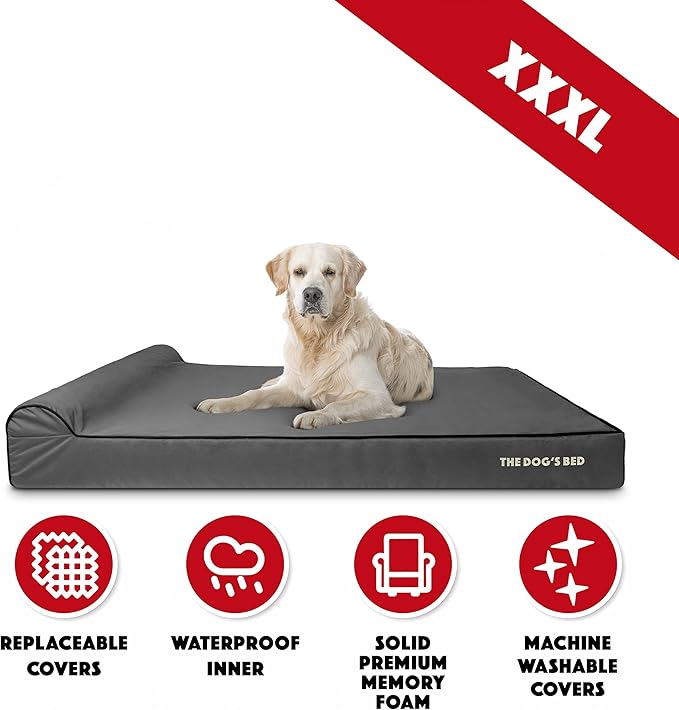 The Dog’s Bed Orthopedic Headrest Dog Bed XXXL Grey/Black 64x44, Memory Foam, Pain Relief for Arthritis, Hip & Elbow Dysplasia, Post Surgery, Lameness, Veterinary Approved, Waterproof Washable Cover