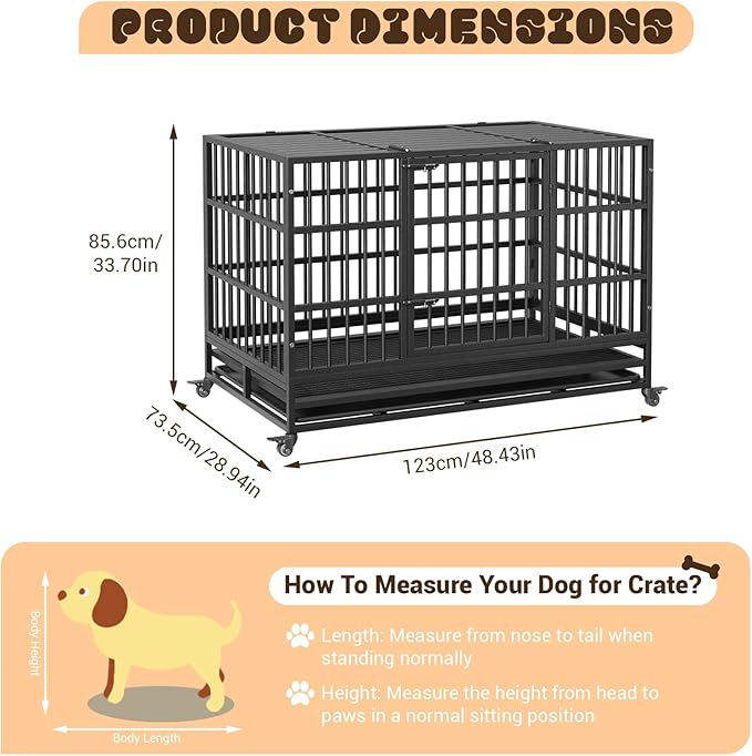 48 in Heavy Duty Dog Crate, Foldable Indoor Dog Cage with Double Door, 360° Lockable Wheels and Removable Tray, Easy to Clean and Assembly，for Small Medium Large Dogs