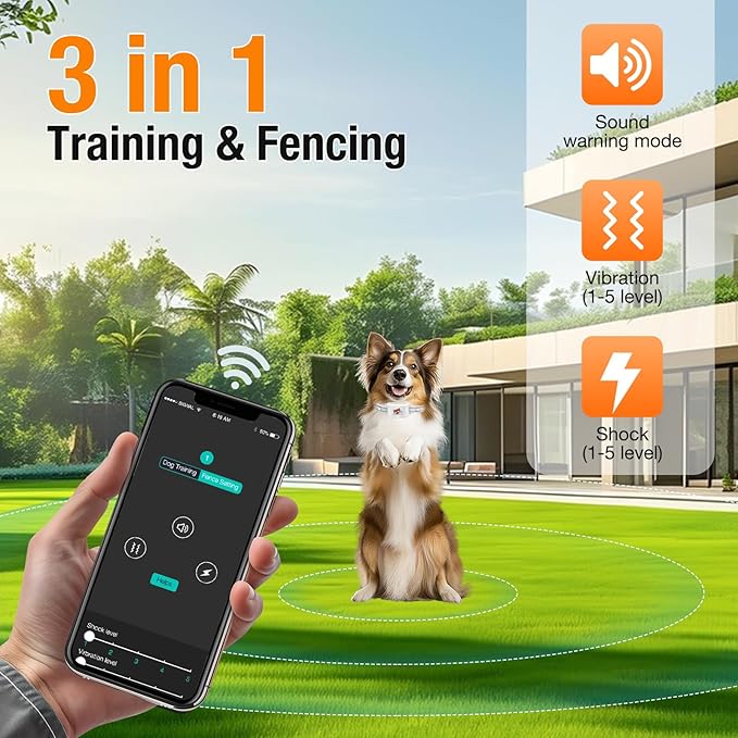 GPS + Wireless Dog Fence & Training Collar – No Subscription, App Geo-Fence 3280ft, 60-164ft Bluetooth Training, 3 Correction Modes, Auto Sleep/Wake, 7-Day Battery, 3-Dog Support (White)