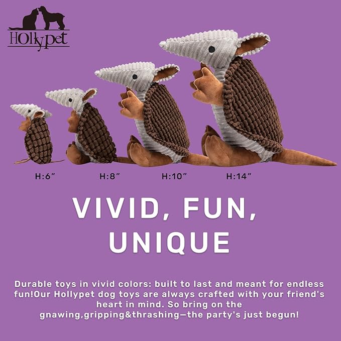 Hollypet Plush Dog Squeaky Toy Stuffed Armadillo Animal Pet Puppy Chew Toys with Clean Teeth for Small Medium Large All Breed Sizes Dogs, Brown, 14 in