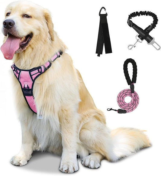 FURRYFECTION Dog Harness | No Pull Dog Harness | Reflective Oxford | Padded Handle | 4 Adjustable Straps | 2 Leash Clips | No Choke Pet Vest Harness for Small Medium Large Dogs | Pink | L