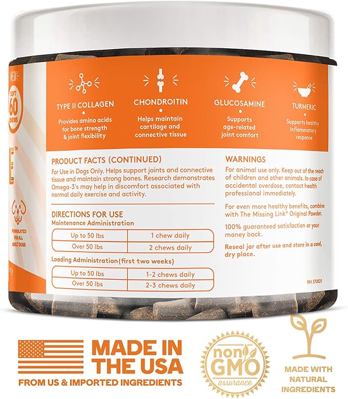 The Missing Link Collagen Care Hip & Joint Soft Chews 60ct - Daily Mobility & Anti-Inflammatory Support for Dogs (Pack of 2)