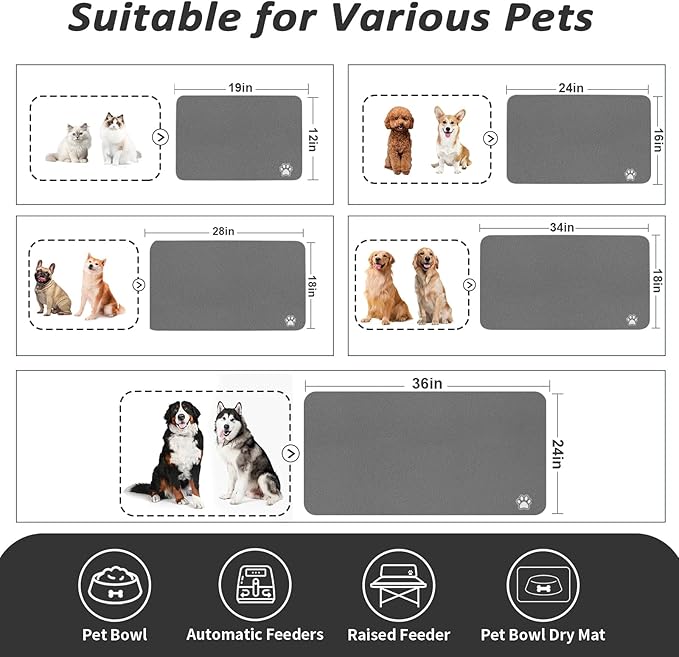 Pet Feeding Mat - Absorbent Dog Mat for Food and Water, No Stains Cat Bowl Mat, Easy to Clean Pet Placemats, Quick Dry Dog Water Dispenser Mat for Messy Drinkers | Paw Dark Grey 12"x 19"