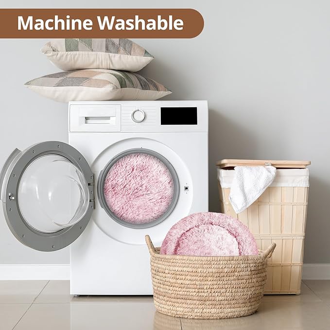 JOLLYVOGUE Calming Dog & Cat Bed for Small Dogs, Anti-Anxiety Donut Cuddler Cozy Soft Round Bed with Anti-Slip Bottom, Fluffy Faux Fur Plush Cushion Beds for Small Medium Dogs, 20"/Smoke Pink