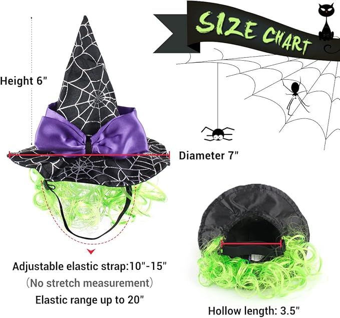 LESYPET Cat Halloween Costume Hat Dog Hat, Wizard Hat with Green Wig for Dog Cat Cosplay for Halloween, Christmas, Party