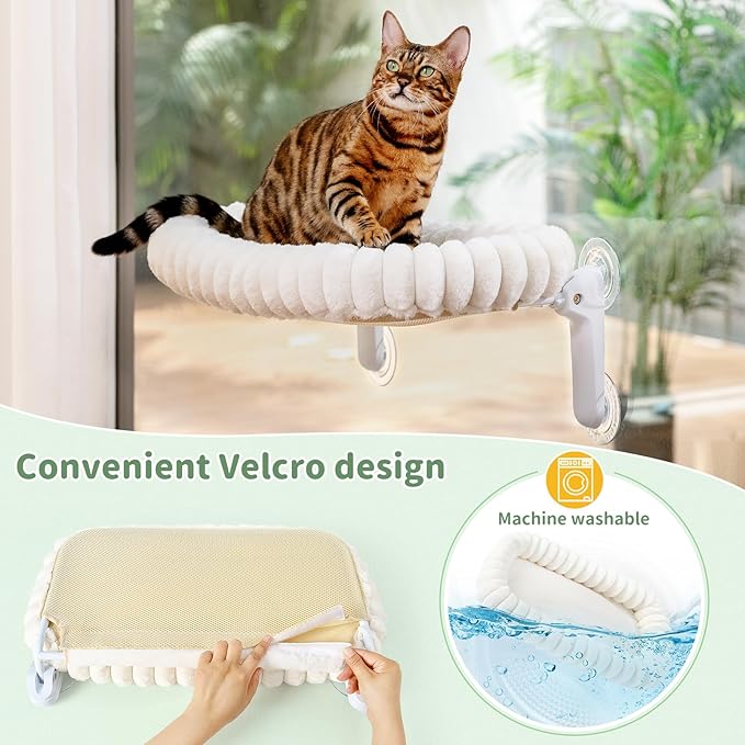 Sunhoo Cat Window Perch Bed Foldable Kitty Windowsill Hammock Shelf Seat Large Cats Suction Cup Indoor Kitten Window Sill Lounger with Soft Plush Cushion Machine Washable 21.26 * 11.8in (White, M)