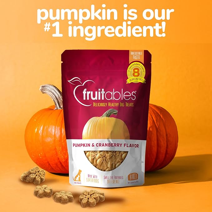 Fruitables Baked Dog Treats, Healthy Pumpkin Snacks for Dogs, Low Calorie & Delicious, No Wheat, Corn or Soy, Puppy Training Treats, Made in the USA, Pumpkin and Cranberry Flavor, 7oz