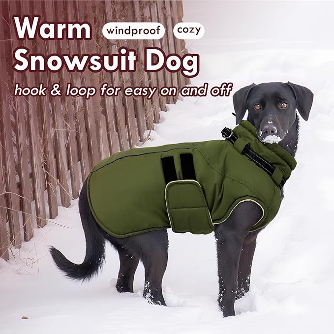 Dog Winter Coat with Harness, Warm Dog Jackets for Large Dogs Waterproof, Adjustable Hook&Loop Reflective Snowsuit, Cold Weather Coats for Dogs Labrador Doberman, XXXL Green