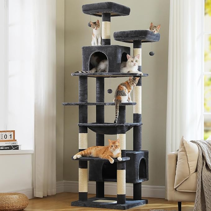 PAWZ Road Heavy Duty Cat Tree for Large Cats, 81 Inches Tall Cat Tower with 2 Perches, 2 Condos and Spacious Hammock, XL Extra Large Condo with 7 Scratching Posts for 20lb+ Adult Cats, Dark Gray