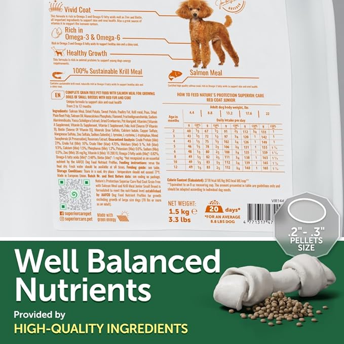 Nature's Protection Grain Free Dry Puppy Food for Small Breed - High Protein & Tear Stain Formula - Small Dog Food Kibble for Red Fur Puppies (Superior Care - Salmon, 22 lb)